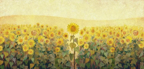 Foto op Canvas Een veld met zonnebloemen. Olieverf schilderij textuur. © Juliautumn