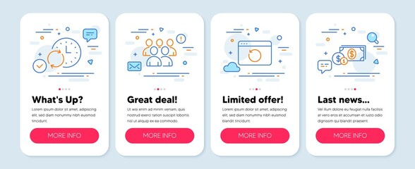 Set of Business icons, such as Recovery internet, Update time, Group symbols. Mobile screen app banners. Dollar money line icons. Backup info, Refresh clock, Developers. Cash with coins. Vector