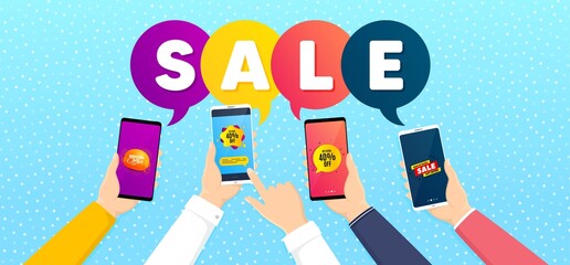 Sale bubble, Special offer and Sale shape promo label set. Banner with mobile phones in hands. Discount banner, Label tag, Liquid banner. Promotional tag set. Vector
