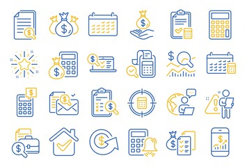 Accounting line icons. Set of Calculator, Check investment and Report icons. Calendar, Banking account and Finance accounting report document. Bill, Calculator and Wealth auditing. Vector