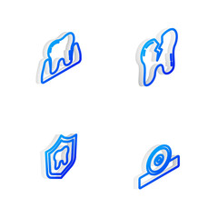 Set Isometric line Broken tooth, Tooth, Dental protection and Otolaryngological head reflector icon. Vector.