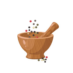 Pounding peppercorn mix in wooden mortar. Vector illustration cartoon flat icon isolated on white background.