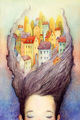 A sleeping girl with an old town in her hair. Watercolor illustration