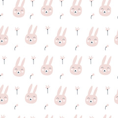 Seamless pattern with cute rabbit and flowers. Childish print. Vector