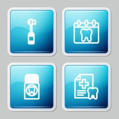 Set line Toothbrush, Calendar with tooth, Painkiller tablet and Dental card icon. Vector.