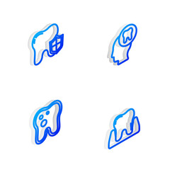 Set Isometric line Human head with tooth, Dental protection, Tooth caries and icon. Vector.