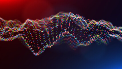 Abstract blue,red,yellow particles background. Flow wave with dot landscape. Digital data structure. Future mesh or sound grid. Pattern point visualization. Technology vector illustration.