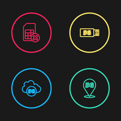 Set line Cloud 5G network, Location, modem and Sim card rejected icon. Vector.