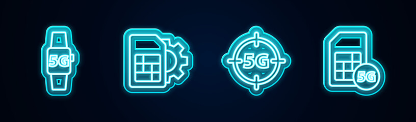 Set line Smart watch 5G network, Sim card setting, and Card. Glowing neon icon. Vector.
