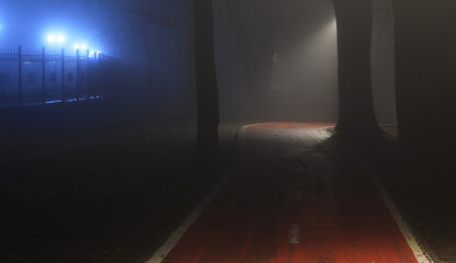 lantern lights on the road in the forest in the fog