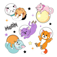 Collection of cats astronauts and planets on white background isolated. Vector set cartoon illustration