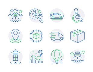 Transportation icons set. Included icon as Air balloon, Disabled, Search flight signs. Parcel tracking, Location, Roller coaster symbols. Lighthouse, Parcel, Car. Ship travel line icons. Vector