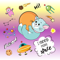 Funny space cat and planets. Vector cartoon illustration