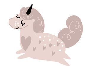 Flying unicorn in vintage pink color, magic pony from fantasy, animal for kids party design, nursery, poster. Vector illustration isolated on white background.