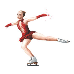 Figure skating. Young girl dancing on the ice. Hand drawn watercolor illustration isolated on white background © dariaustiugova