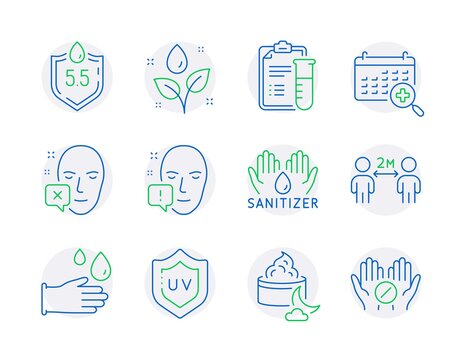 Healthcare icons set. Included icon as Medical analyzes, Plants watering, Face declined signs. Night cream, Medical calendar, Rubber gloves symbols. Ph neutral, Hand sanitizer line icons. Vector