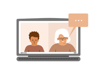 Vector illustration. Screen of laptop with kid (boy) and elderly teacher. Online distant education in quarantine time. Web platform for homeschooling and online courses. Granny talks with grandchild