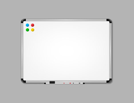 Vector Illustration Of White Board With Colored Makers And Eraser Isolated On Background.