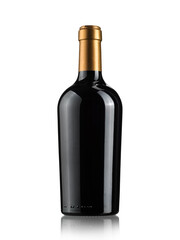 Full red wine bottle with golden head on white background