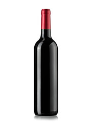 Full red wine bottle with red head on white background - 415752576