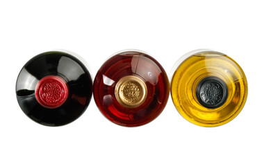 Red, white and rose wine bottles, top view - 415752702