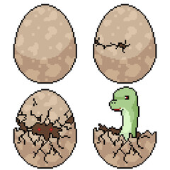 set of pixel art isolated dinosaur egg hatch