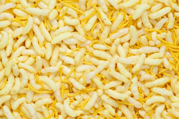 Crunchy Lemon Bhel Full-Frame wallpaper. Puffed Rice small besan sev Indian spicy snacks (Namkeen). Top view angle 