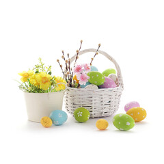 basket with colorful easter eggs and spring flowers isolated on white background - 415753349