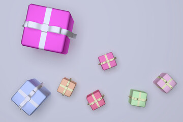 Bright colored gift boxes tied with ribbons. Gift boxes of different sizes on a gray background. 3D rendering. Free space for an inscription.