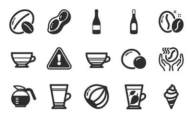 Coffeepot, Coffee and Champagne bottle icons simple set. Ice cream, Peas and Mint leaves signs. Latte, Peanut and Coffee beans symbols. Champagne, Mocha and Soy nut. Americano, Hazelnut. Vector