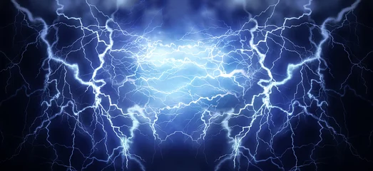 Poster Im Rahmen Flash of lightning on dark background, banner design. Thunderstorm © New Africa