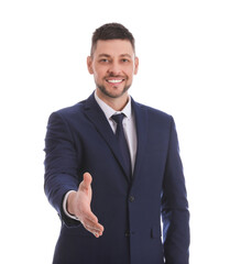 Businessman reaching out for handshake on white background