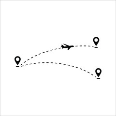 Vector flight path of an aircraft from one point to another airport. Dotted line with aircraft silhouette and direction of travel on white background. color editable eps 10