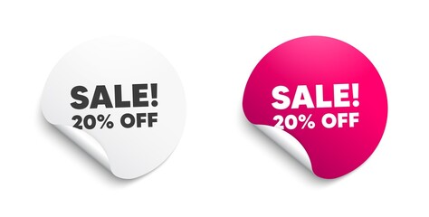 Sale 20 percent off discount. Round sticker with offer message. Promotion price offer sign. Retail badge symbol. Circle sticker mockup banner. Sale badge shape. Adhesive offer paper banner. Vector