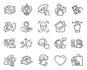 People icons set. Included icon as Support chat, Multitasking gesture, Helping hand signs. Clown, Repairman, Opinion symbols. Organic tested, Smile, Heart. Face detection, Sun protection. Vector