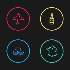 Set line Macaron cookie, Map of France, Bottles wine and Plane icon. Vector.