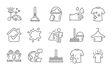 Dirty spot, Wash t-shirt and Sponge line icons set. Vacuum cleaner, Bucket with mop and Cleaning mop signs. Hand sanitizer, Dry t-shirt and Plunger symbols. Clean towel, Rubber gloves. Vector