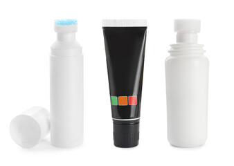 Set of different shoe care products on white background