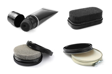 Set of different shoe care products on white background