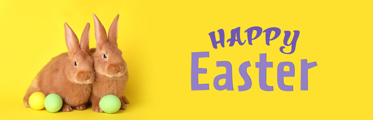 Fototapeta na wymiar Happy Easter! Cute bunnies and dyed eggs on yellow background, banner design
