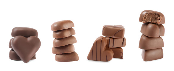 Set with delicious heart shaped chocolate candies on white background, banner design