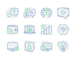 Technology icons set. Included icon as Wind energy, Security lock, Lightning bolt signs. Medical chat, Loyalty program, Graph chart symbols. Monitor settings, Online delivery line icons. Vector