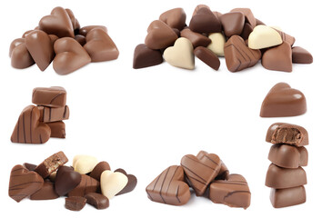 Set with delicious heart shaped chocolate candies on white background
