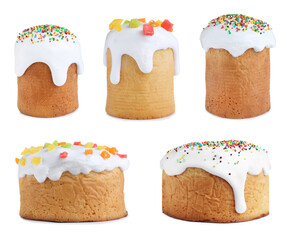 Set with traditional Easter cakes on white background