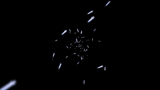 Flying many syringes for injection on black background. Medical concept. Vaccine against the virus. Healthcare therapy. 3D loop animation.