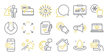 Set of Technology icons, such as Maximize, Presentation, Megaphone symbols. Messenger mail, Chat message, Fuel energy signs. 24h service, Approved agreement, Touchscreen gesture. Vector