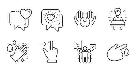 Safe time, Touchscreen gesture and Teamwork line icons set. Washing hands, Brand ambassador and Blood donation signs. Heart, Friends chat symbols. Hold clock, Slide right, Employees chat. Vector