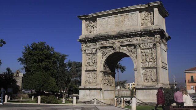 Arch of Trajan in Benevento, ancient Roman monument in honor of the emperor, time lapse. Campania, Italy.