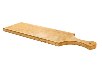 Old stained clean empty rectangular wooden cutting board isolated on white in an oblique low angle view for food placement