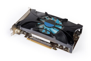 Graphics card equipped with heat sink and fan close-up